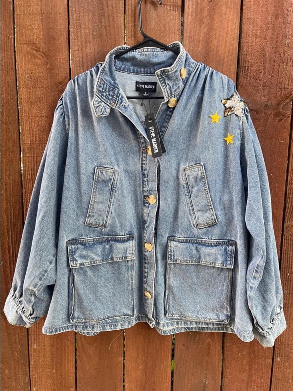 NWT Steve Madden Oversized Marceline Denim Jacket w Yellow Star Appliqués Sz S
